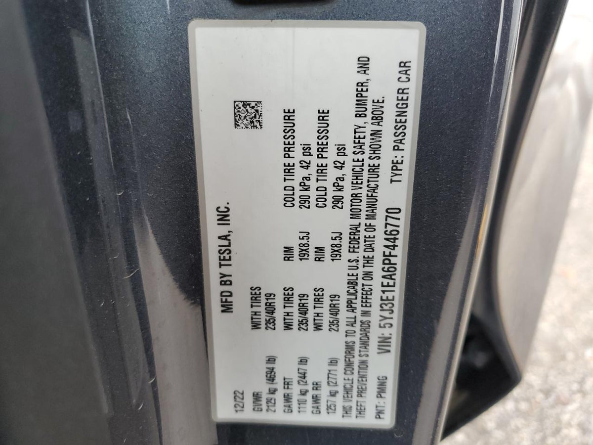 2023 TESLA MODEL 3 VIN:5YJ3E1EA6PF446770
