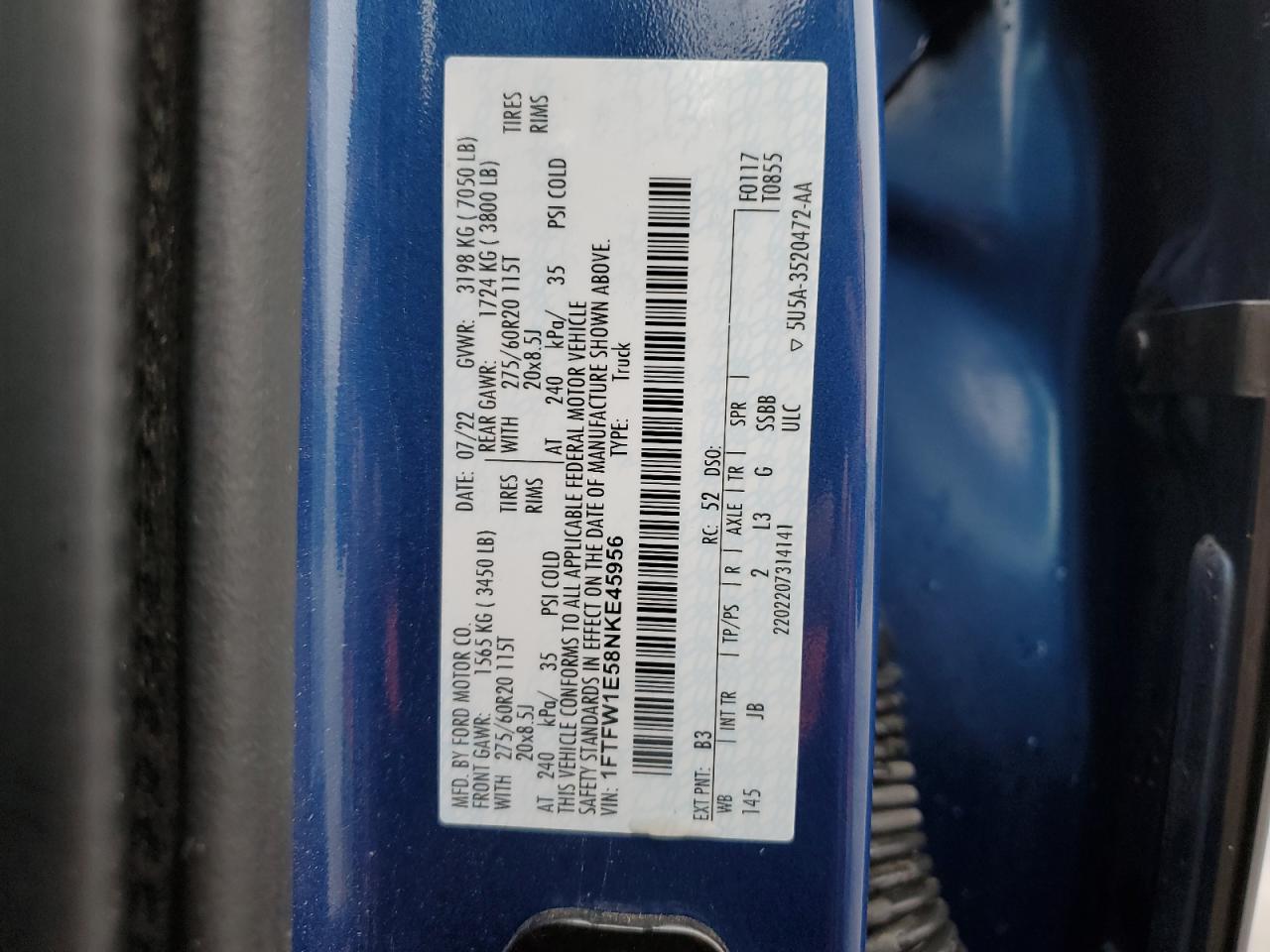 2022 FORD F150 SUPERCREW VIN:1FTFW1E58NKE45956