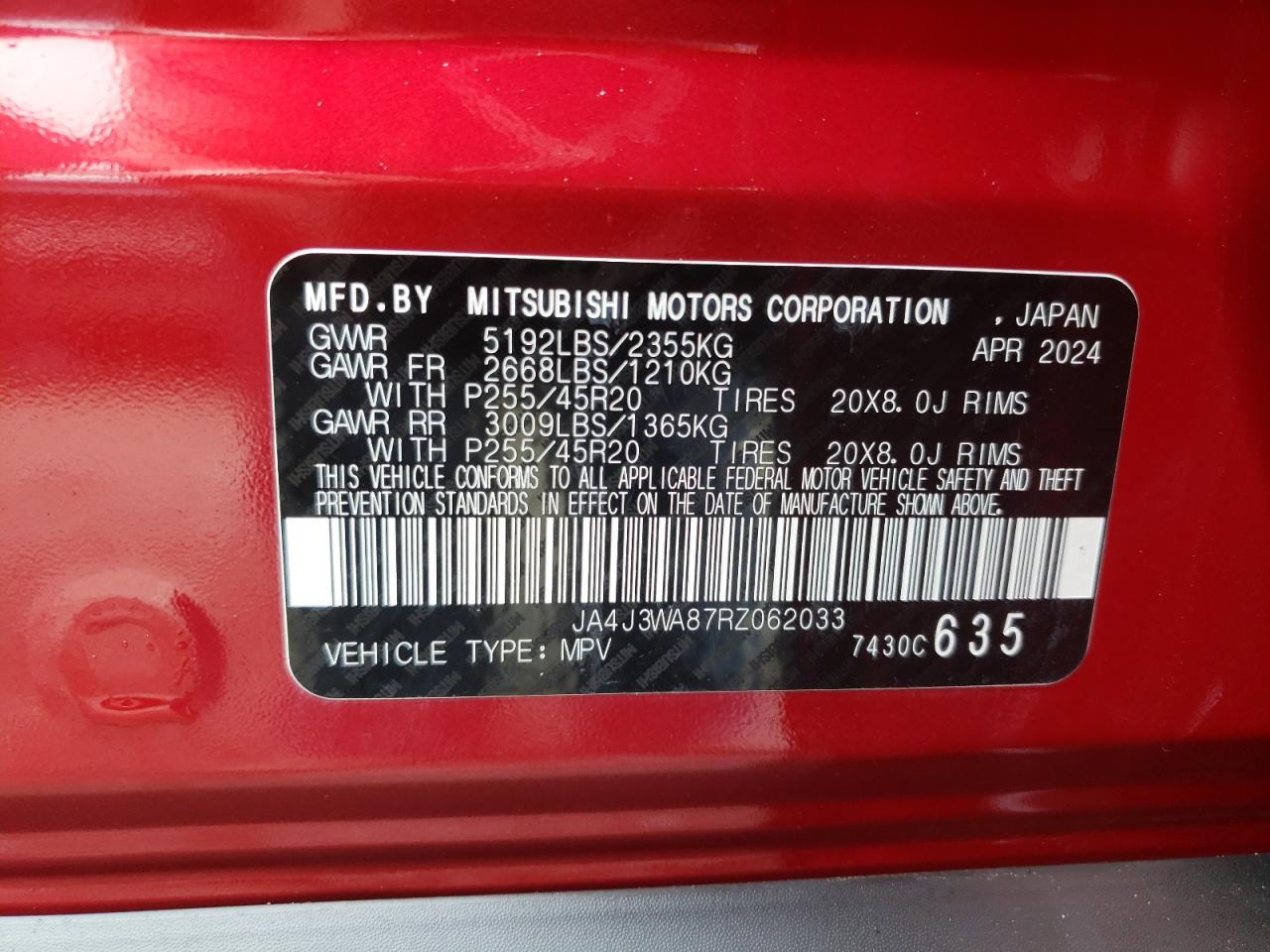 2024 MITSUBISHI OUTLANDER SEL VIN:JA4J3WA87RZ062033