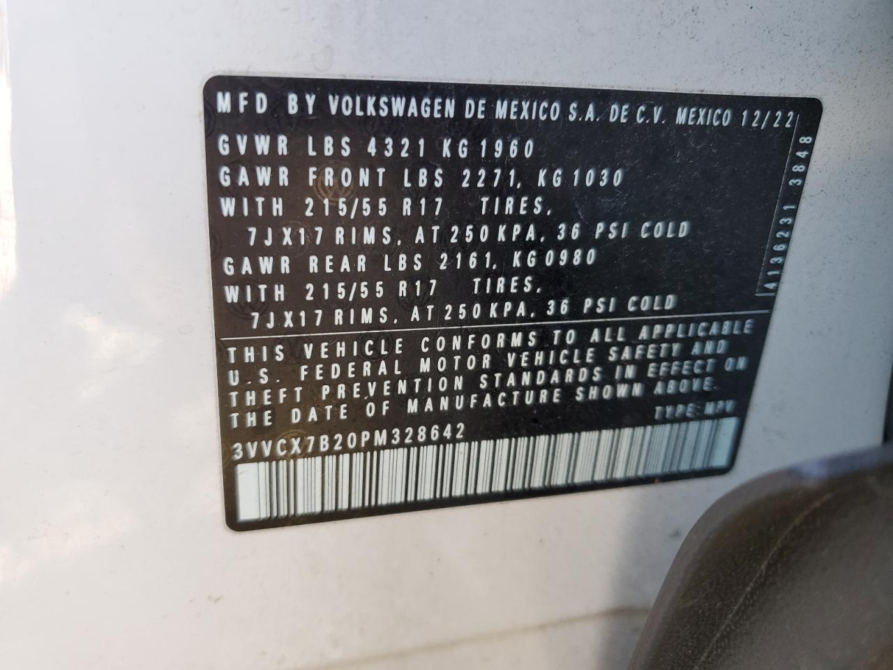 2023 VOLKSWAGEN TAOS S VIN:3VVCX7B20PM328642