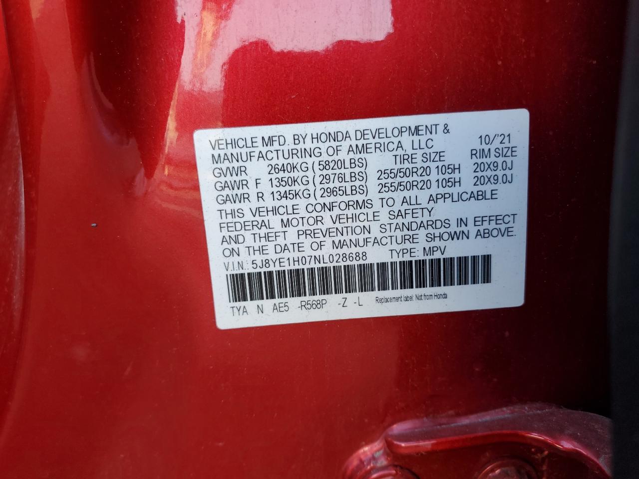 2022 ACURA MDX A-SPEC VIN:5J8YE1H07NL028688