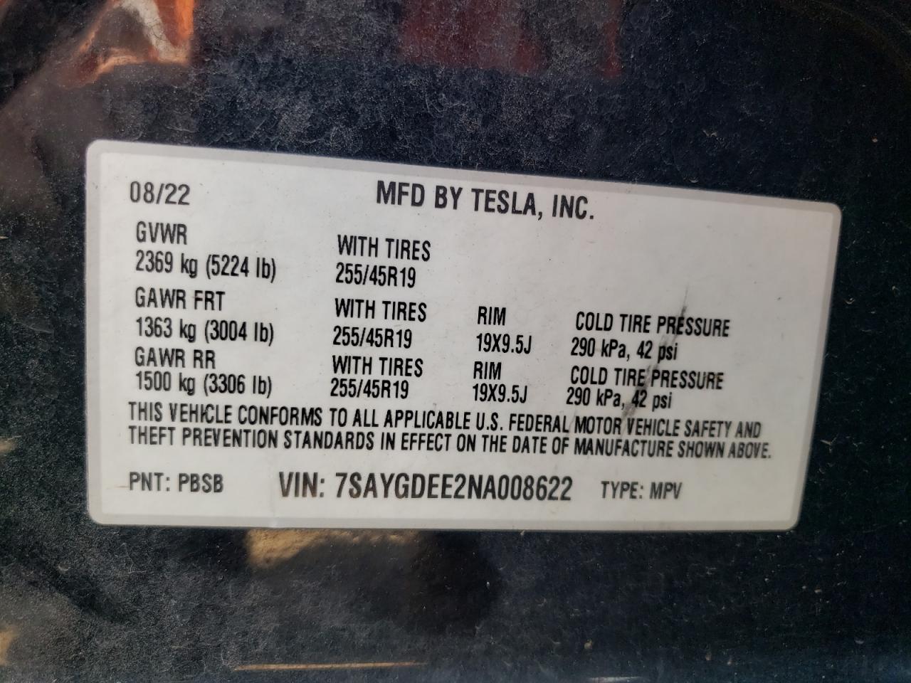 2022 TESLA MODEL Y VIN:7SAYGDEE2NA008622
