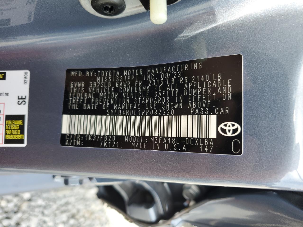 2024 TOYOTA COROLLA LE VIN:5YFB4MDE1RP082320