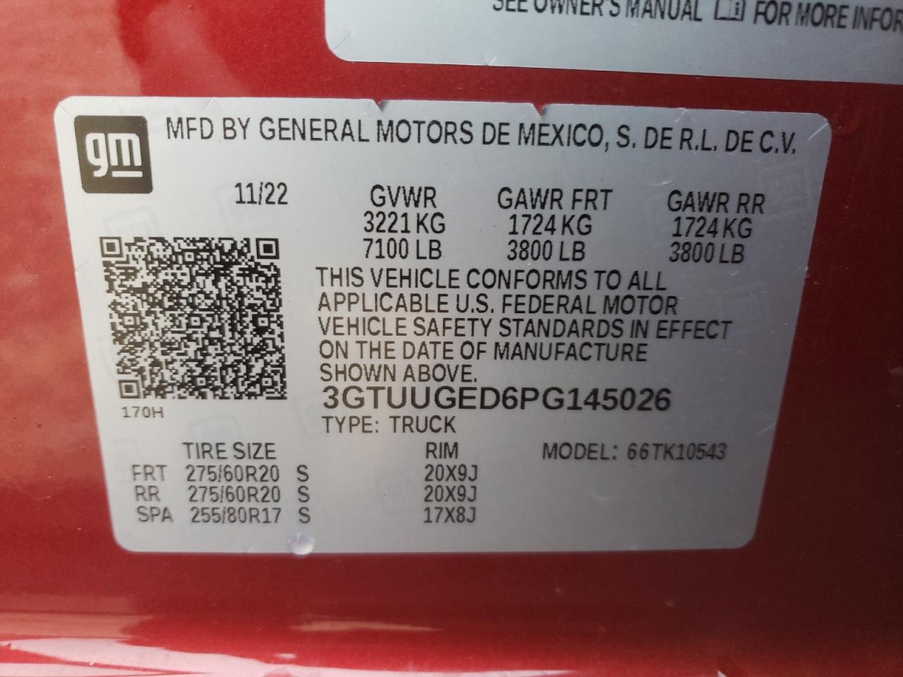 2023 GMC SIERRA K1500 DENALI VIN:3GTUUGED6PG145026