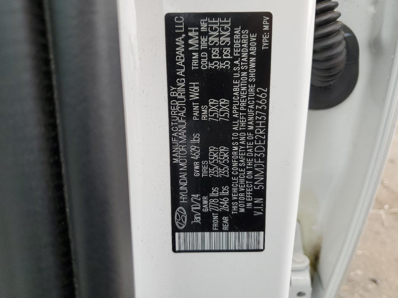 2024 HYUNDAI TUCSON SEL VIN:5NMJF3DE2RH373662