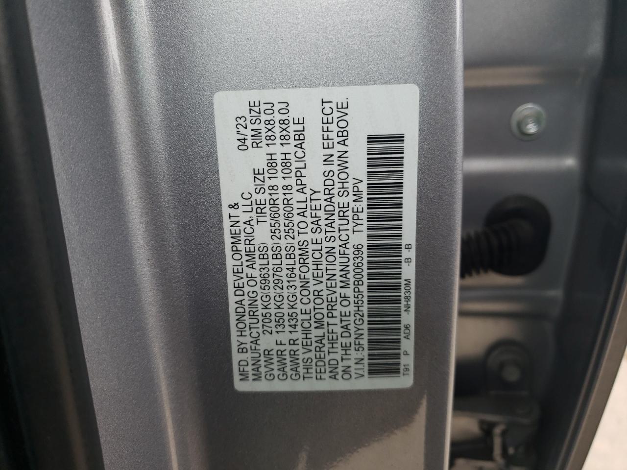 2023 HONDA PILOT EXL VIN:5FNYG2H55PB006396