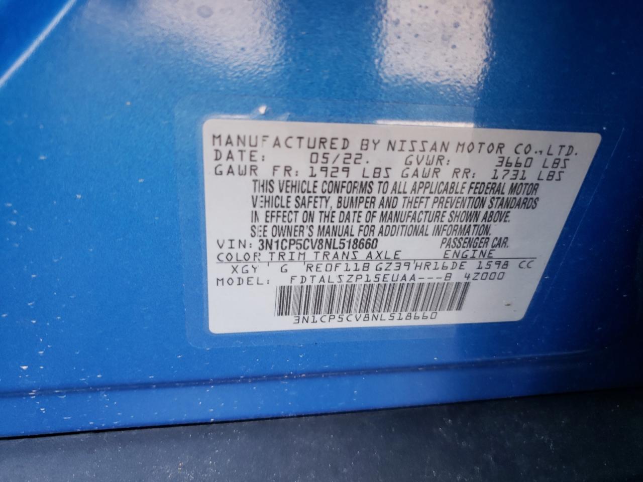 2022 NISSAN KICKS SV VIN:3N1CP5CV8NL518660