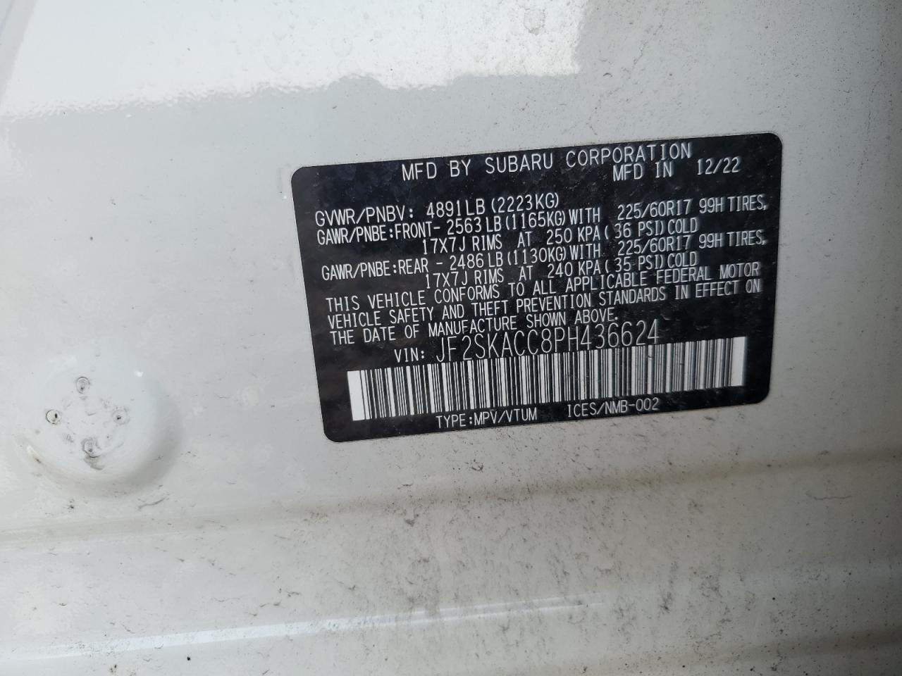 2023 SUBARU FORESTER VIN:JF2SKACC8PH436624