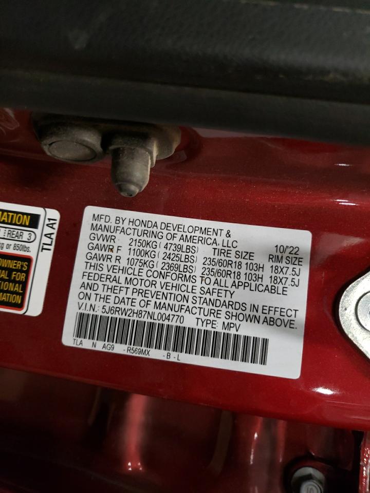 2022 HONDA CR-V EXL VIN:5J6RW2H87NL004770