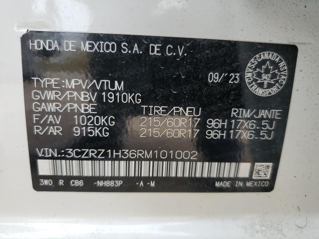 2024 HONDA HR-V LX VIN:3CZRZ1H36RM101002