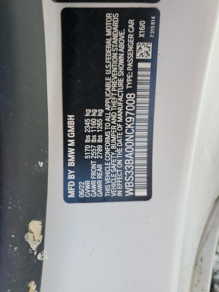 2022 BMW M4 COMPETITION VIN:WBS33BA00NCK97008