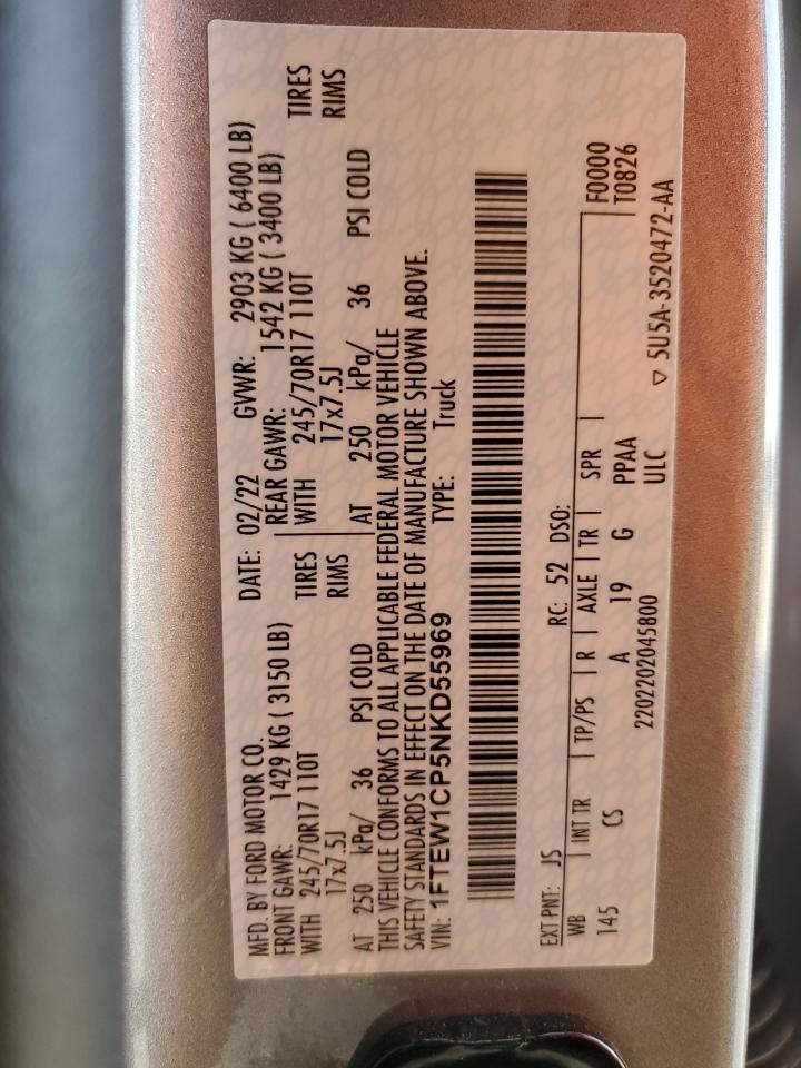 2022 FORD F150 SUPERCREW VIN:1FTEW1CP5NKD55969