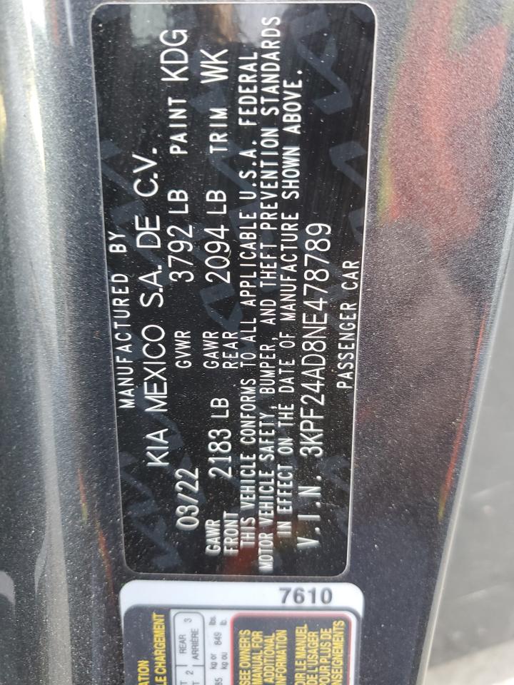 2022 KIA FORTE FE VIN:3KPF24AD8NE478789