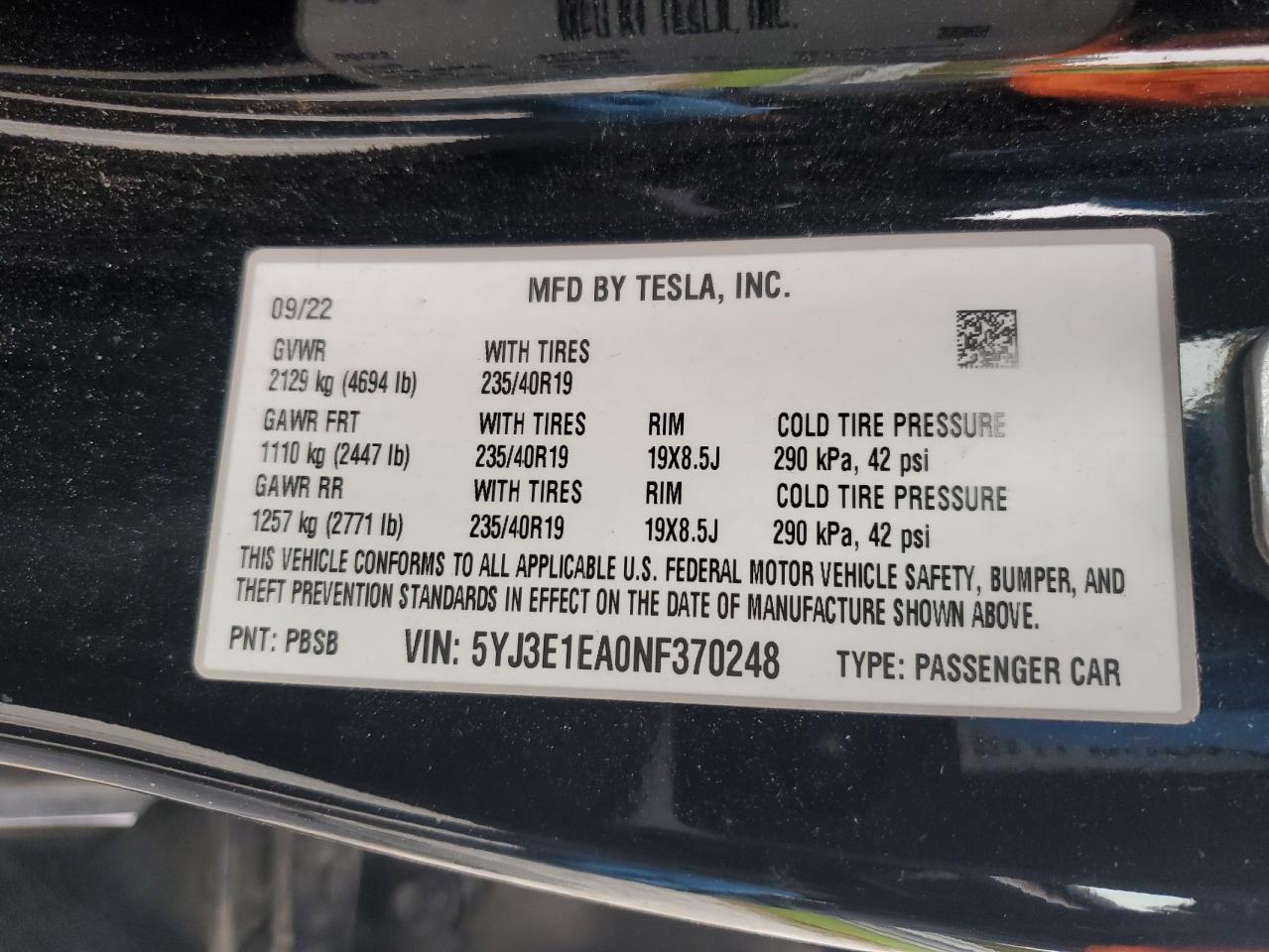 2022 TESLA MODEL 3 VIN:5YJ3E1EA0NF370248