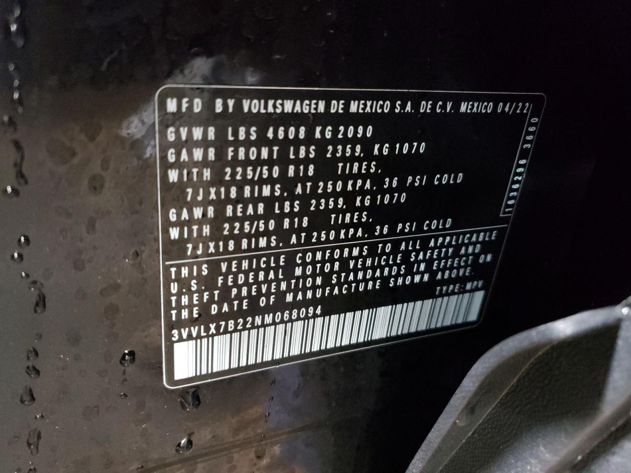 2022 VOLKSWAGEN TAOS SE IQ DRIVE VIN:3VVLX7B22NM068094