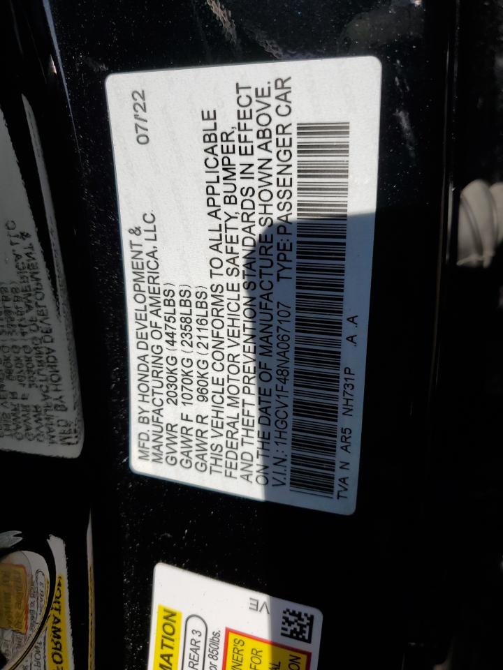 2022 HONDA ACCORD SPORT SE VIN:1HGCV1F48NA067107