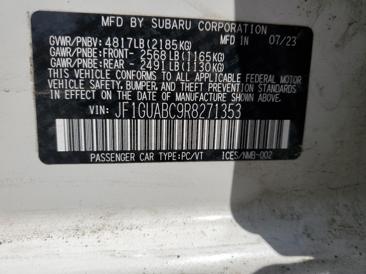 2024 SUBARU IMPREZA VIN:JF1GUABC9R8271353