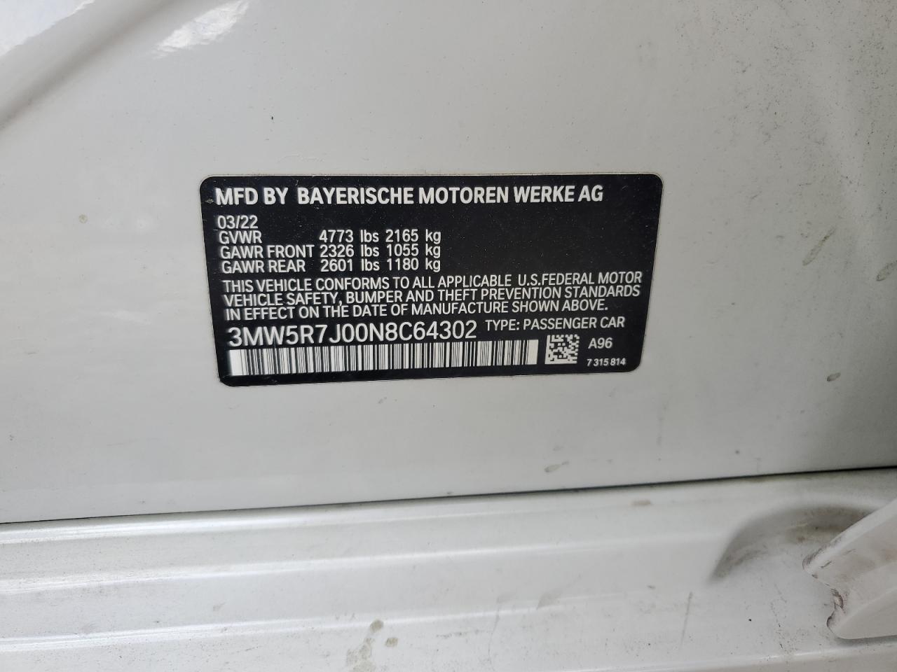 2022 BMW 330XI VIN:3MW5R7J00N8C64302