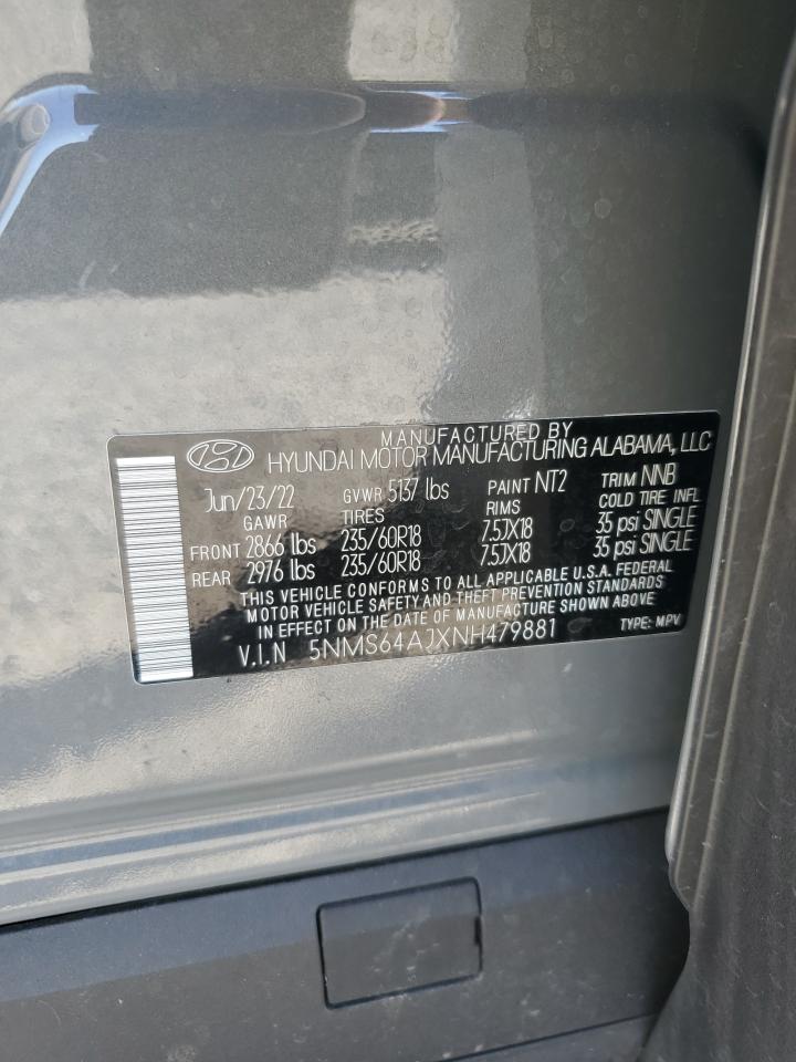 2022 HYUNDAI SANTA FE SEL VIN:5NMS64AJXNH479881
