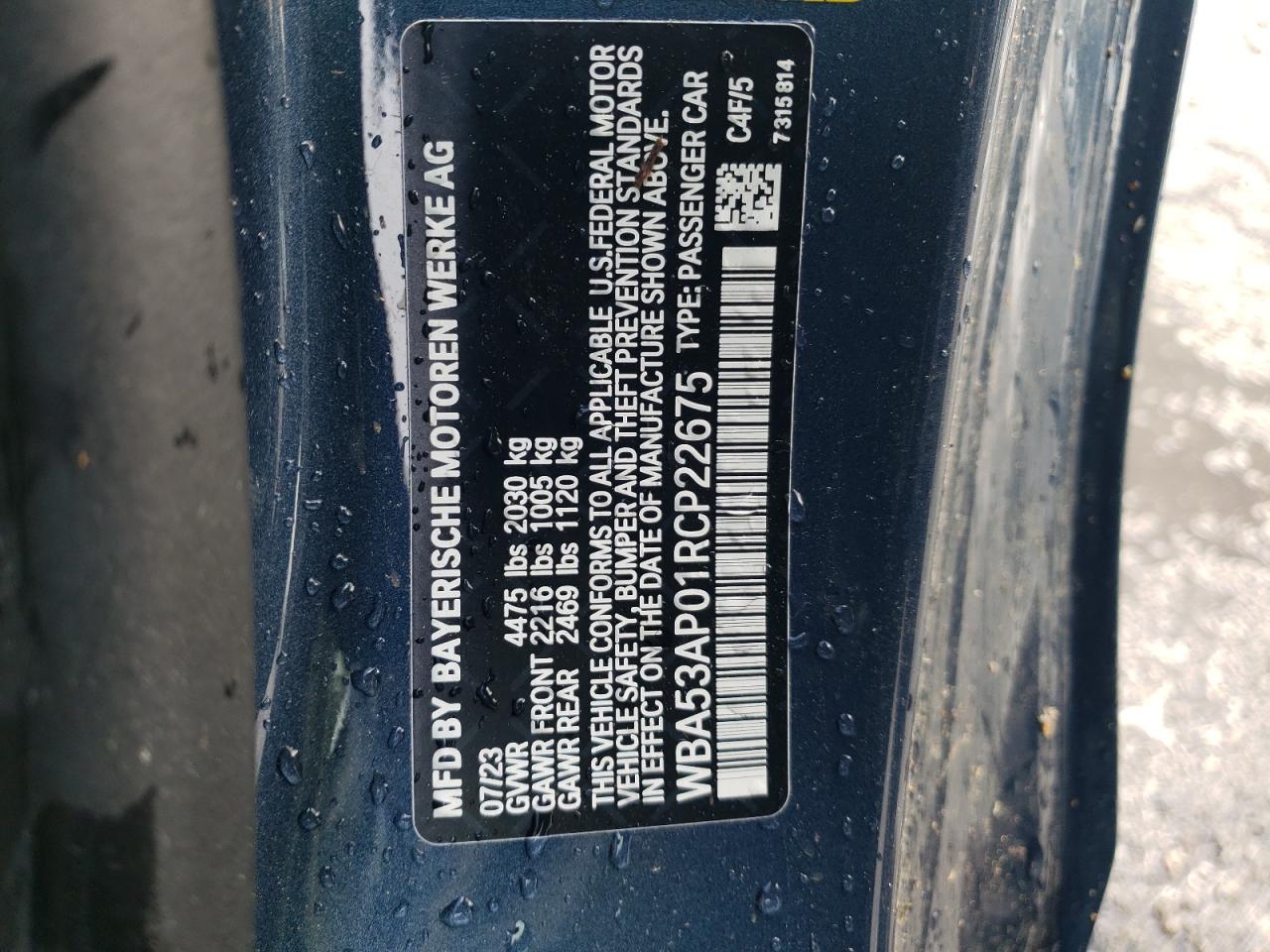 2024 BMW 430I VIN:WBA53AP01RCP22675