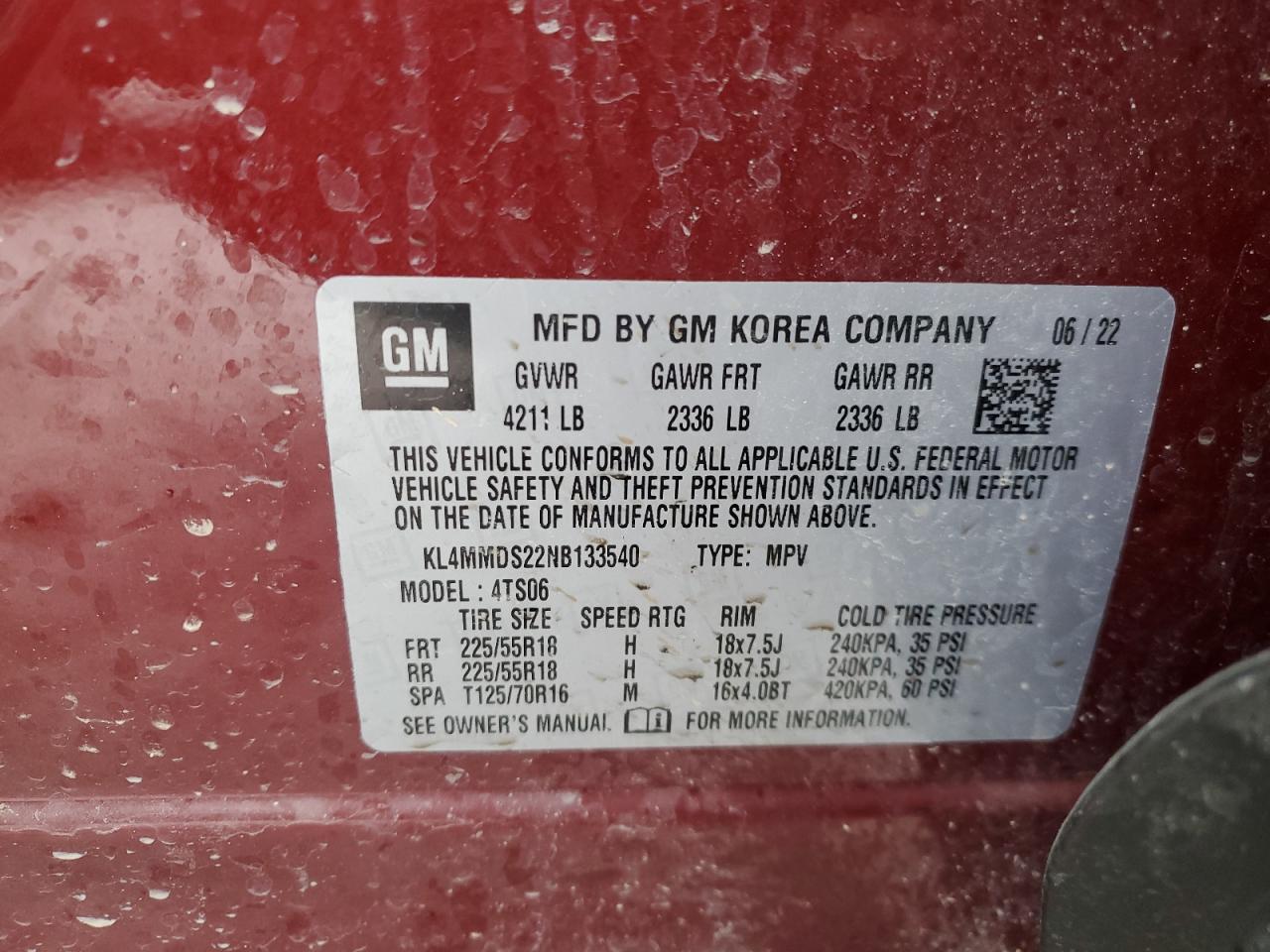 2022 BUICK ENCORE GX SELECT VIN:KL4MMDS22NB133540