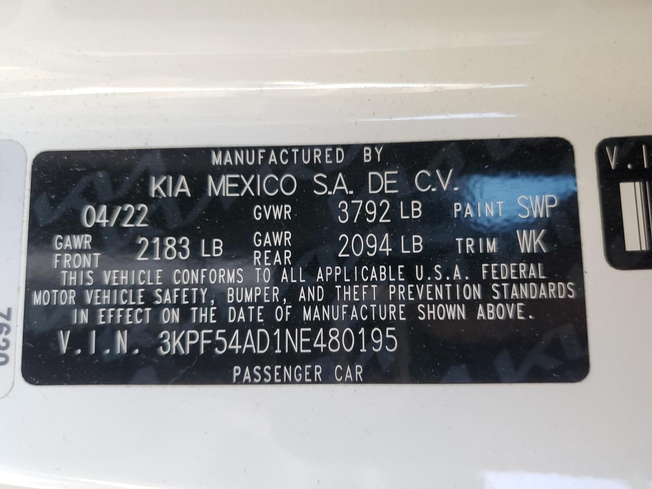2022 KIA FORTE GT LINE VIN:3KPF54AD1NE480195