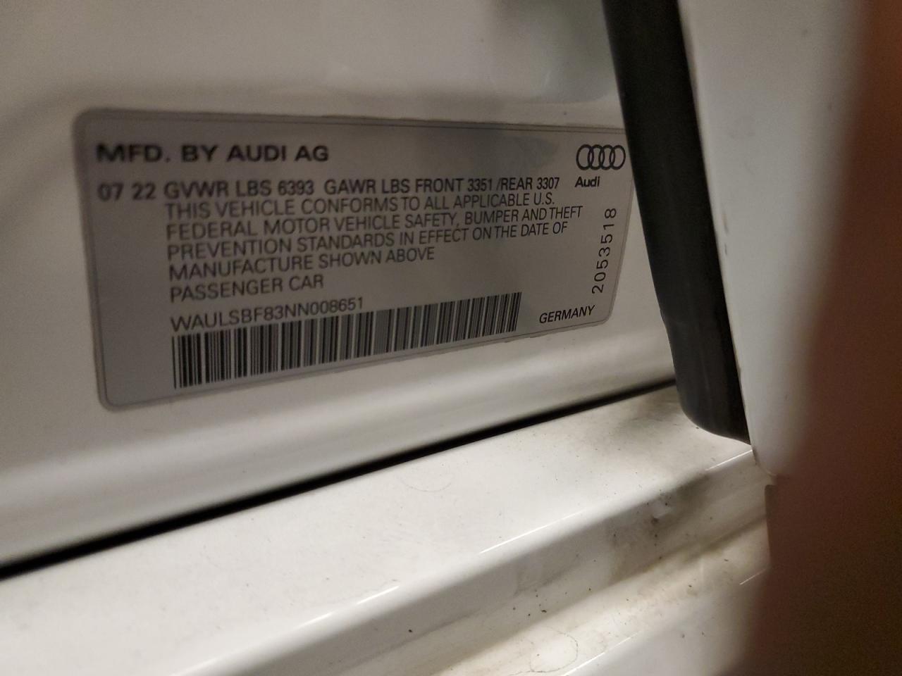 2022 AUDI S8 VIN:WAULSBF83NN008651