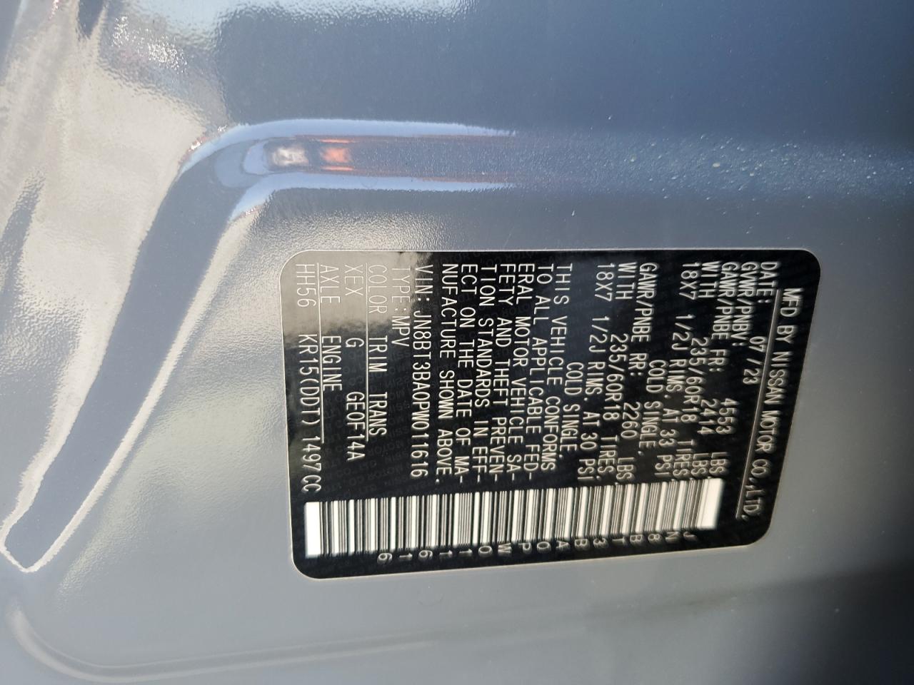 2023 NISSAN ROGUE SV VIN:JN8BT3BA0PW011616