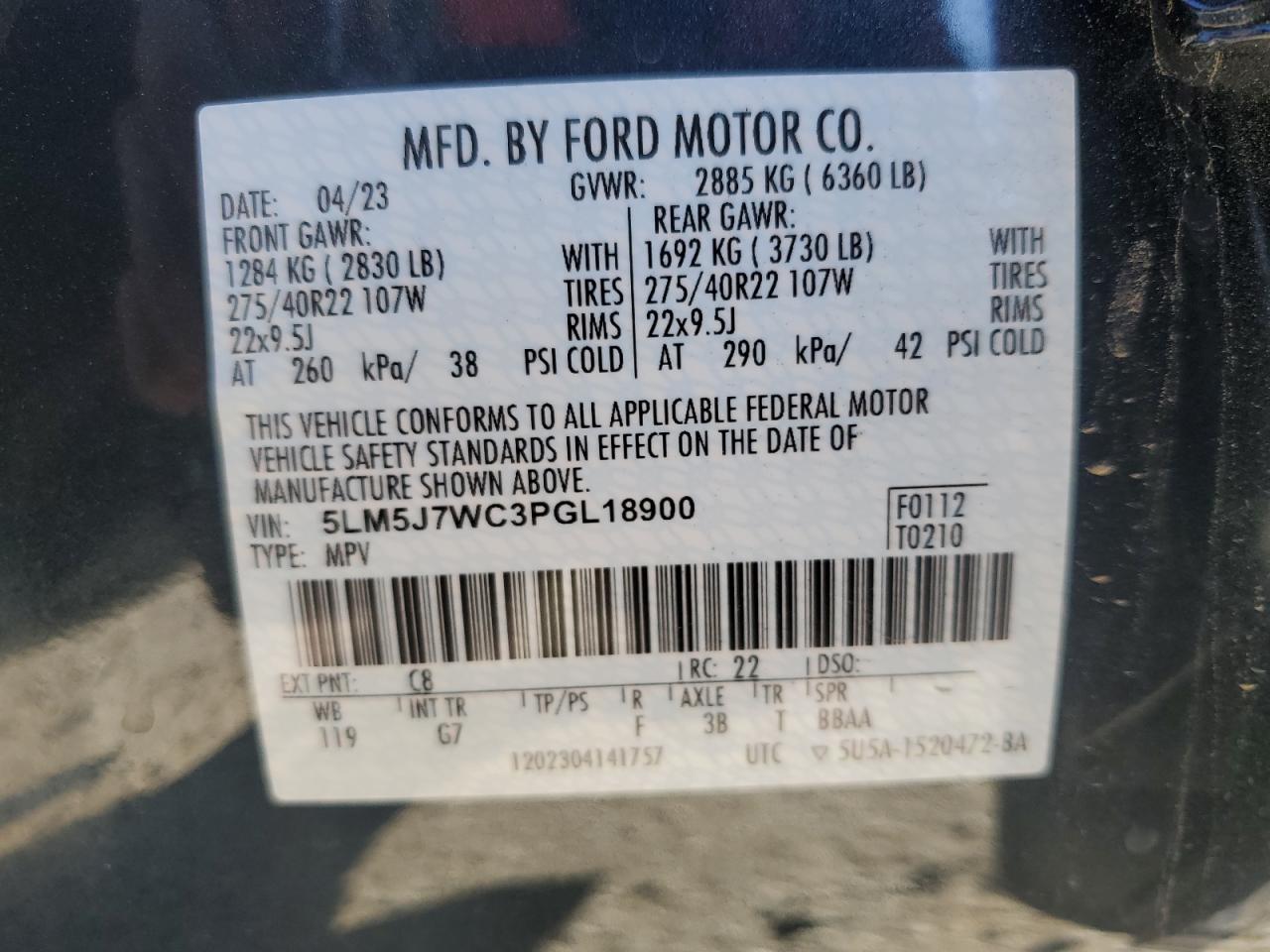 2023 LINCOLN AVIATOR RESERVE VIN:5LM5J7WC3PGL18900