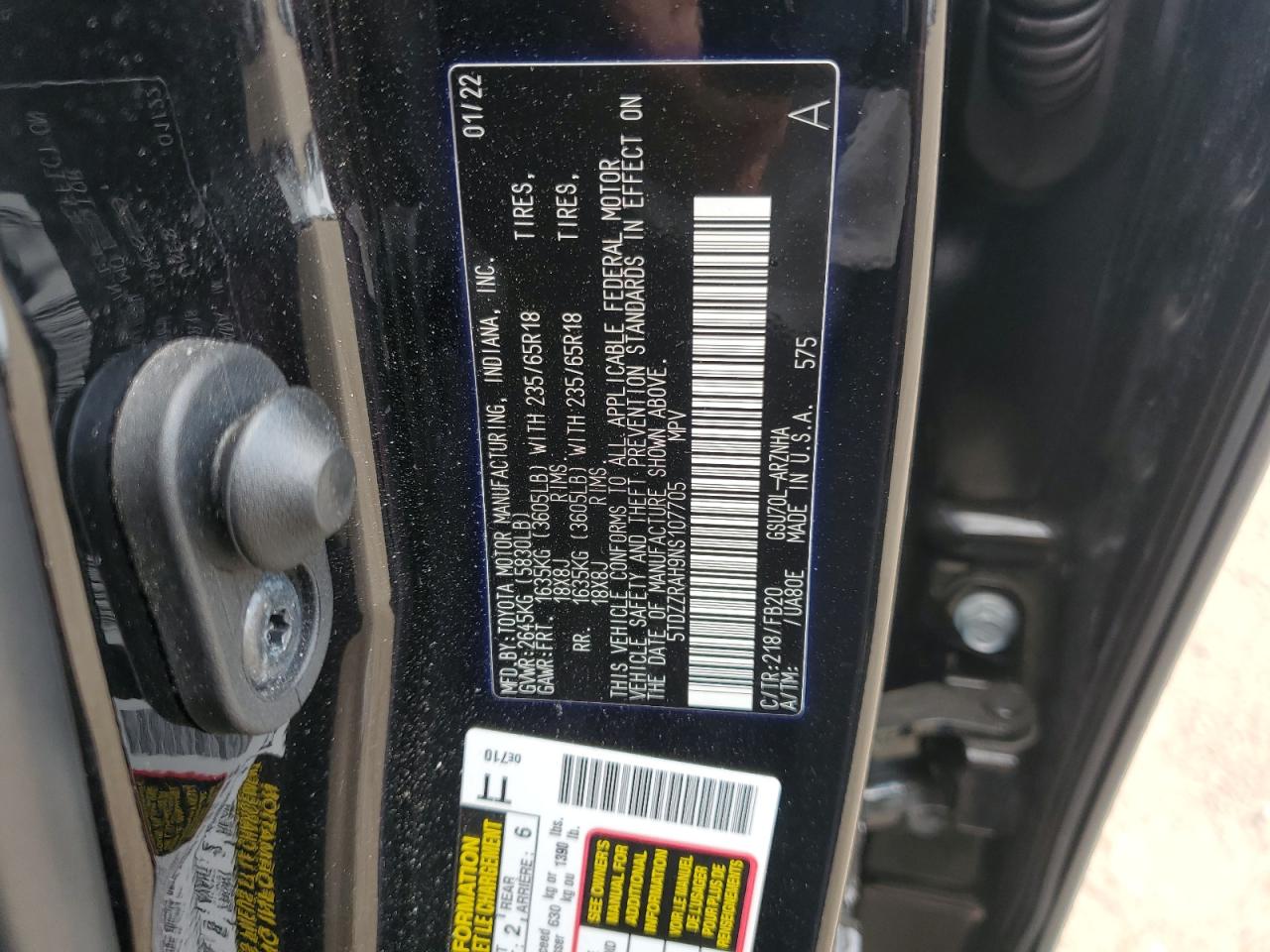 2022 TOYOTA HIGHLANDER L VIN:5TDZZRAH9NS107705