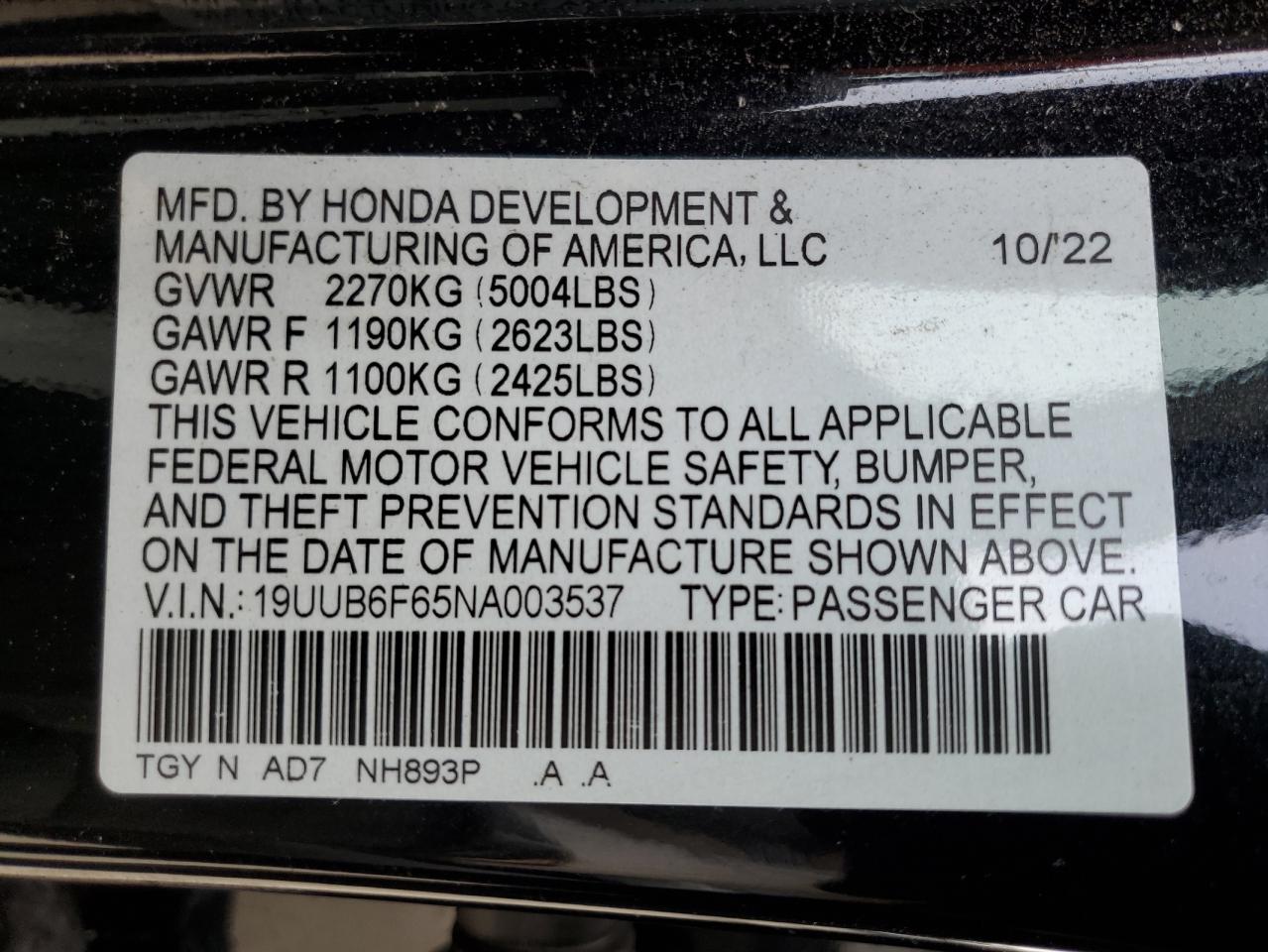 2022 ACURA TLX ADVANCE VIN:19UUB6F65NA003537