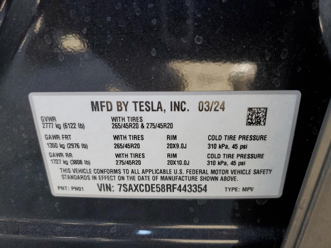 2024 TESLA MODEL X VIN:7SAXCDE58RF443354