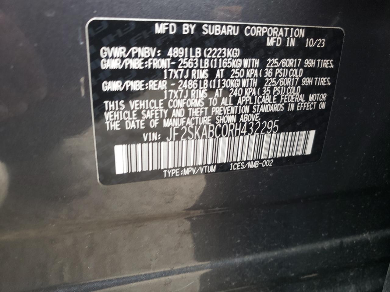 2024 SUBARU FORESTER VIN:JF2SKABC0RH432295