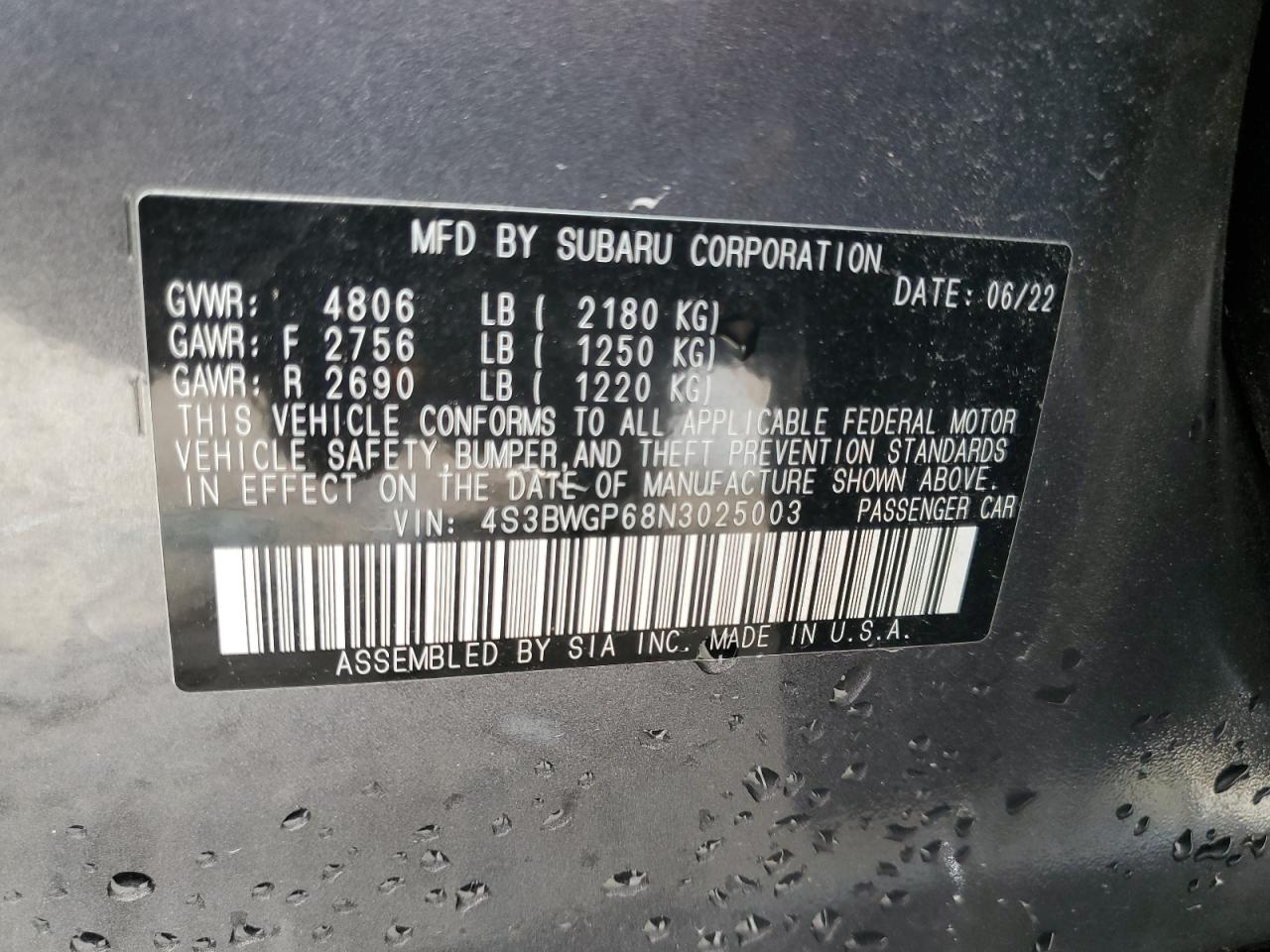 2022 SUBARU LEGACY TOURING XT VIN:4S3BWGP68N3025003