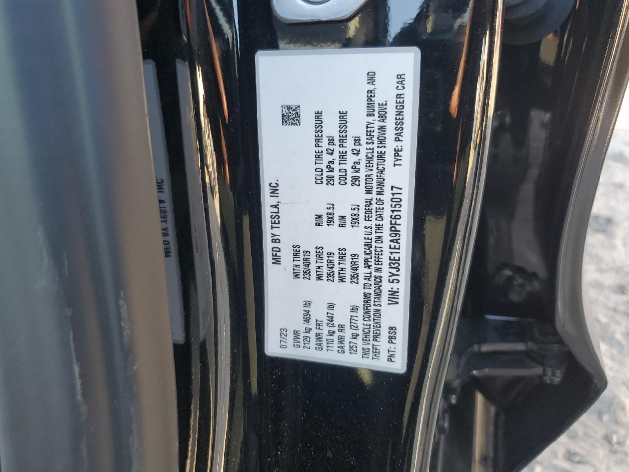 2023 TESLA MODEL 3 VIN:5YJ3E1EA9PF615017