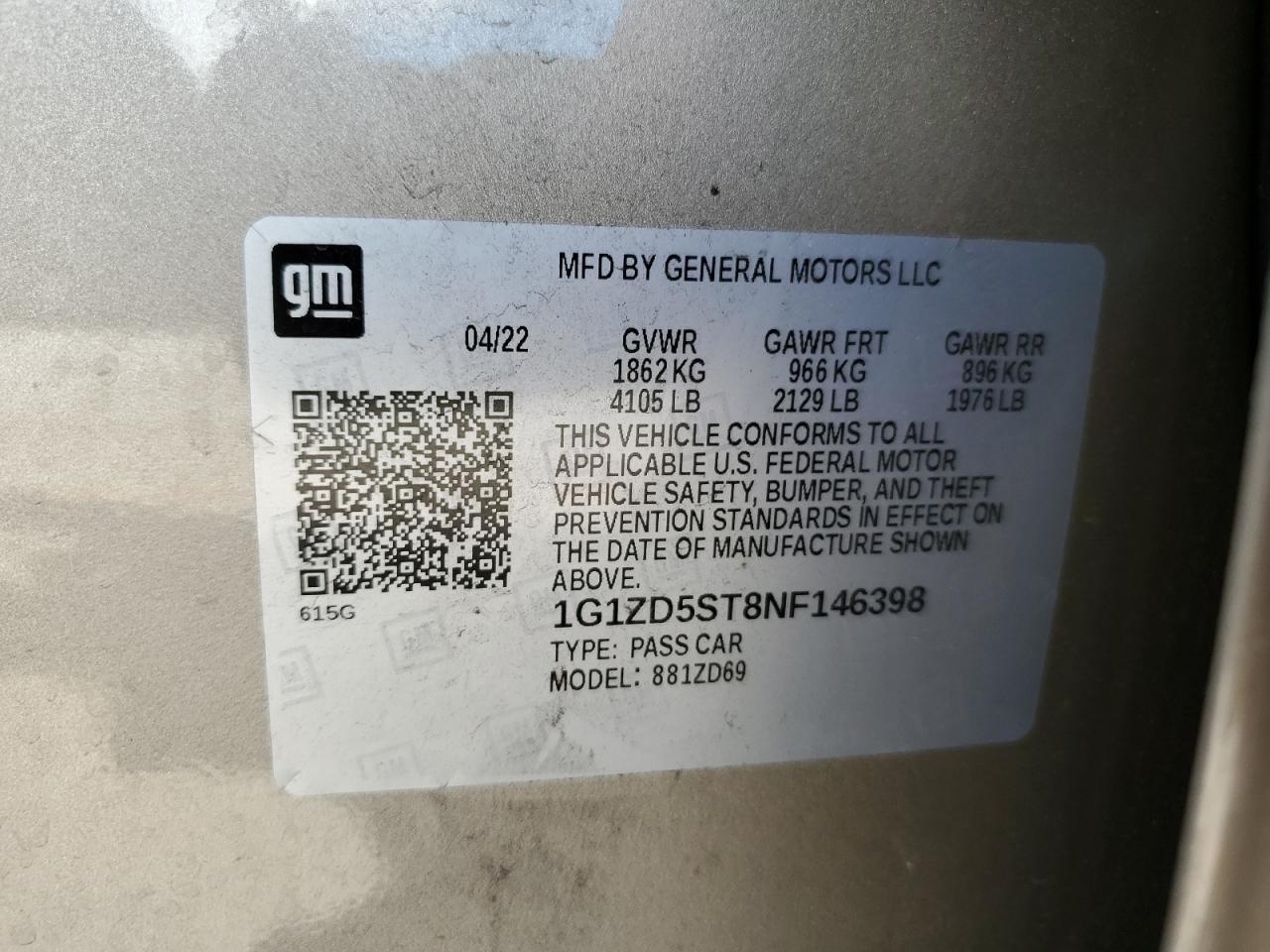 2022 CHEVROLET MALIBU LT VIN:1G1ZD5ST8NF146398