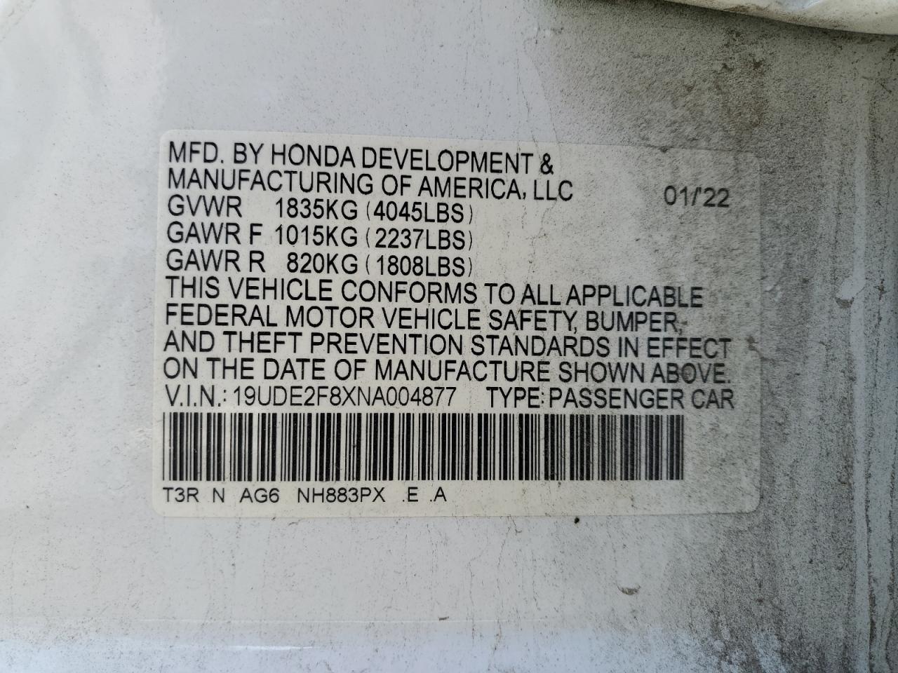 2022 ACURA ILX PREMIUM A-SPEC VIN:19UDE2F8XNA004877