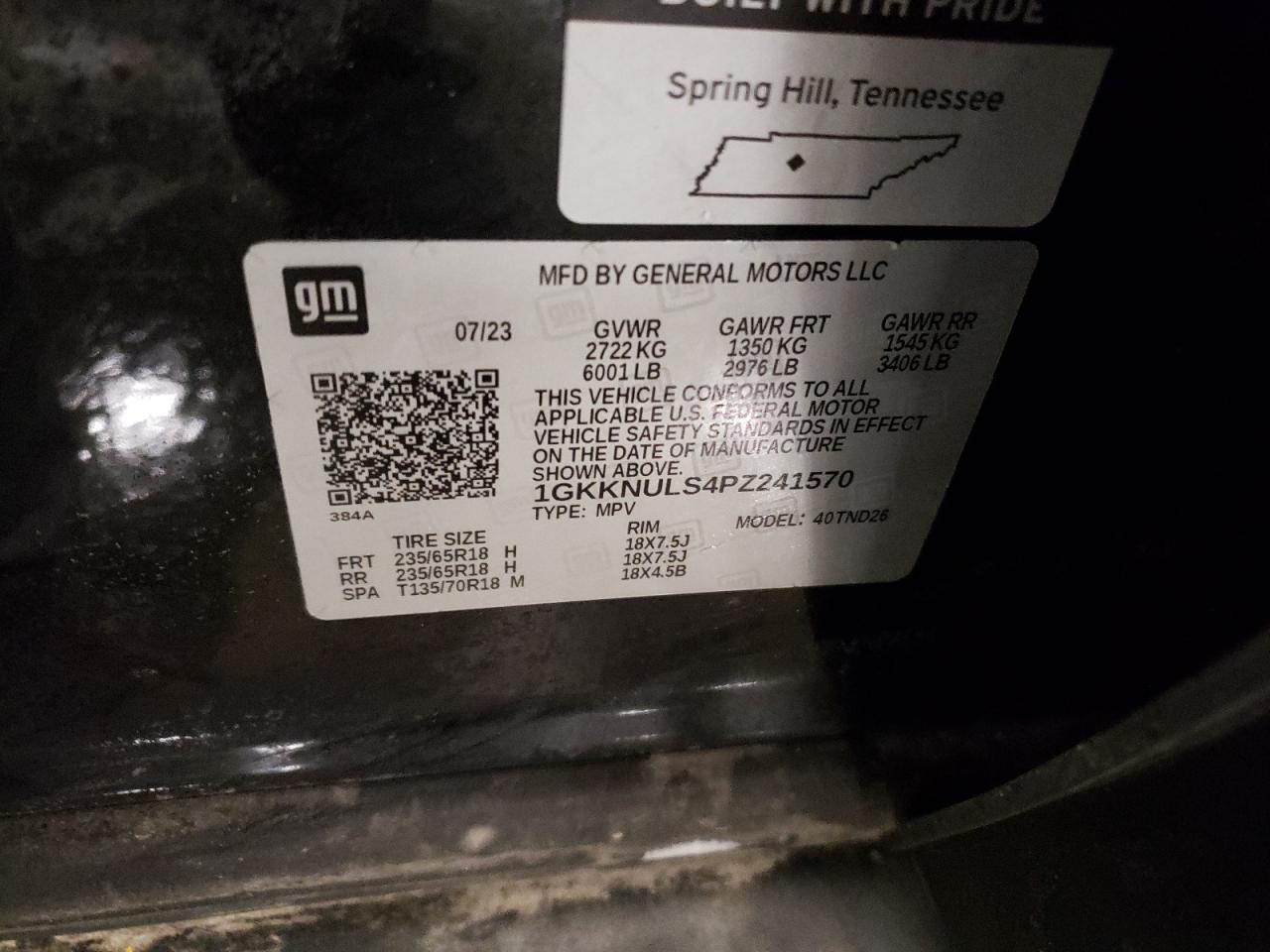 2023 GMC ACADIA SLT VIN:1GKKNULS4PZ241570