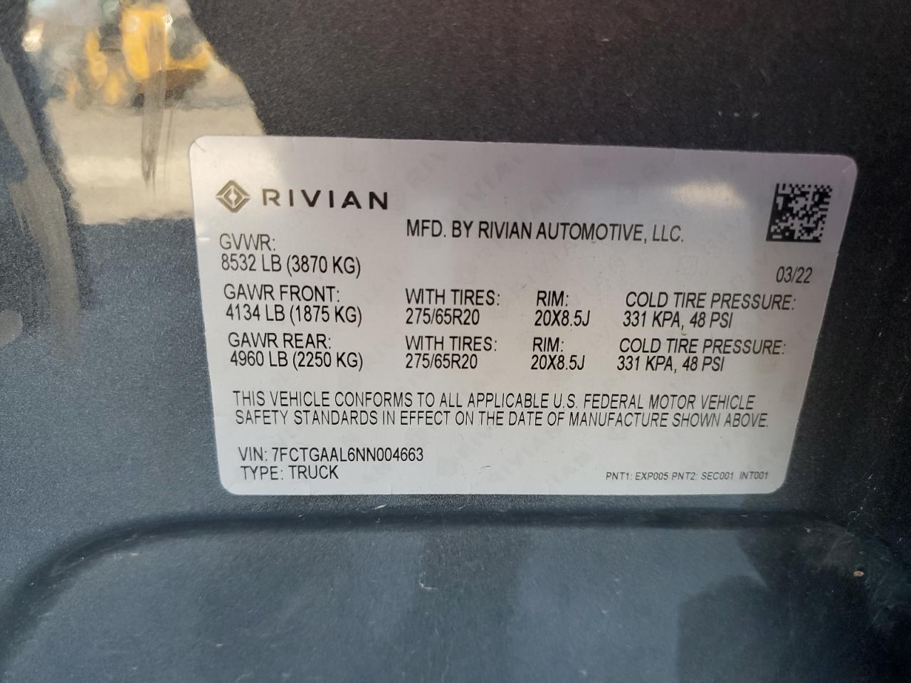2022 RIVIAN R1T LAUNCH EDITION VIN:7FCTGAAL6NN004663