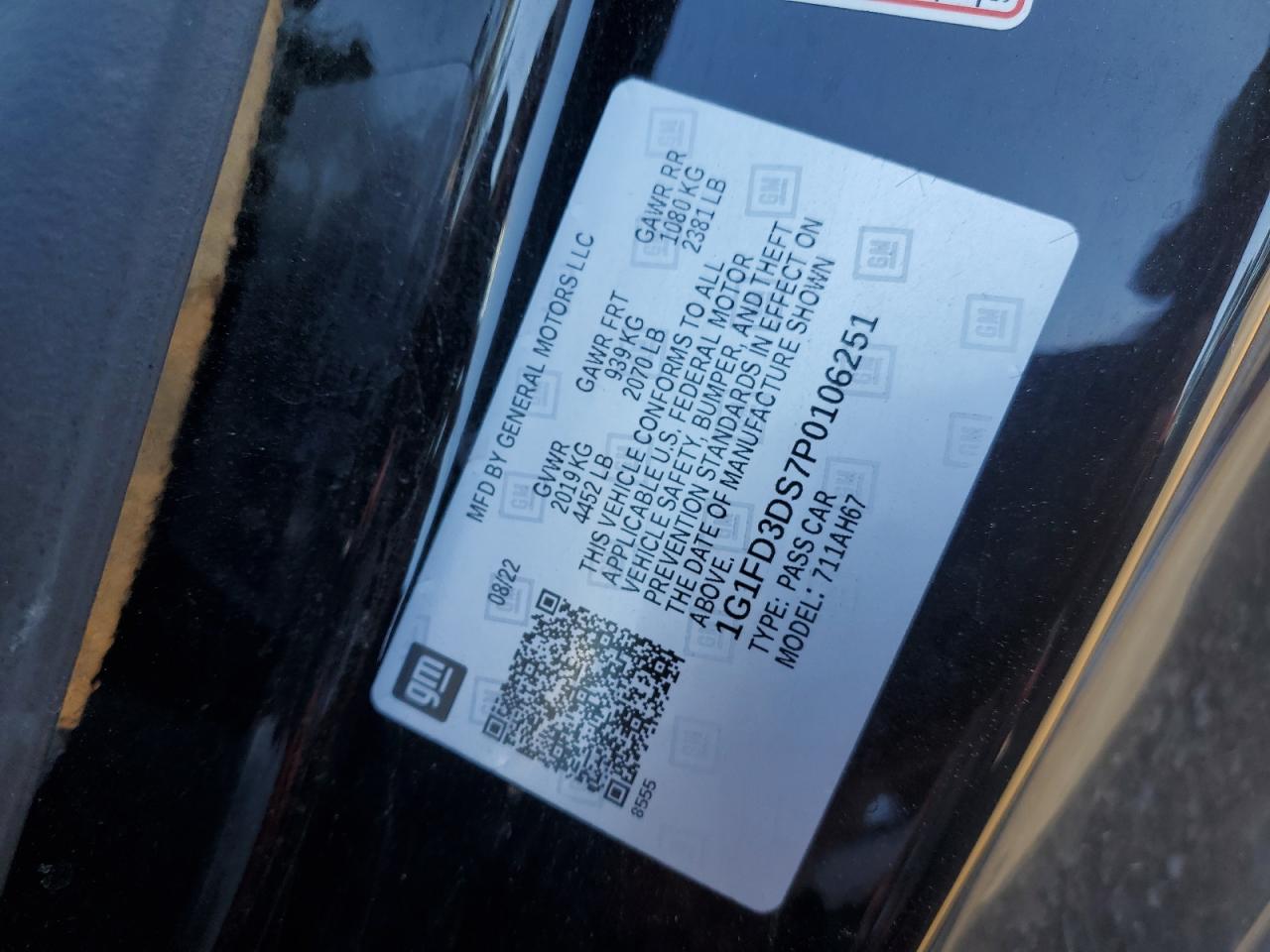 2023 CHEVROLET CAMARO LT VIN:1G1FD3DS7P0106251