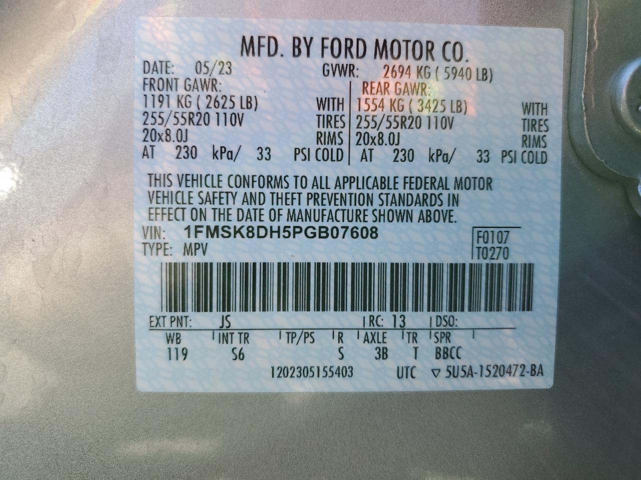 2023 FORD EXPLORER XLT VIN:1FMSK8DH5PGB07608