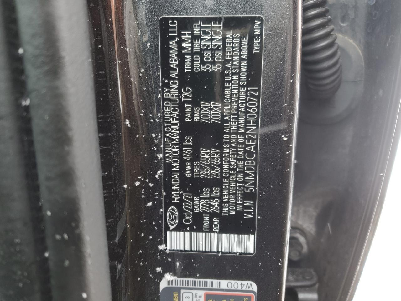 2022 HYUNDAI TUCSON SEL VIN:5NMJBCAE2NH060721