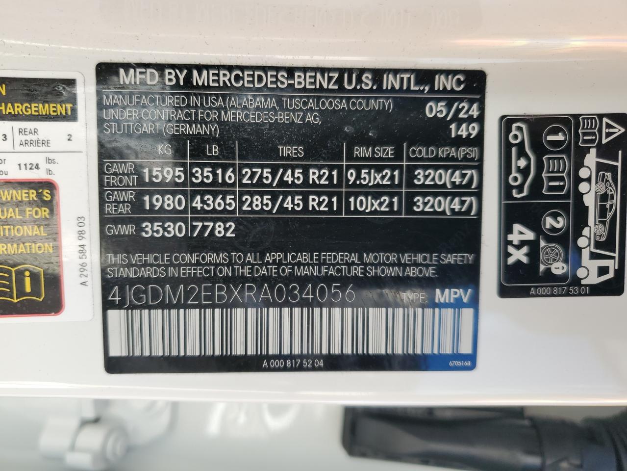 2024 MERCEDES-BENZ EQS SUV 450 4MATIC VIN:4JGDM2EBXRA034056