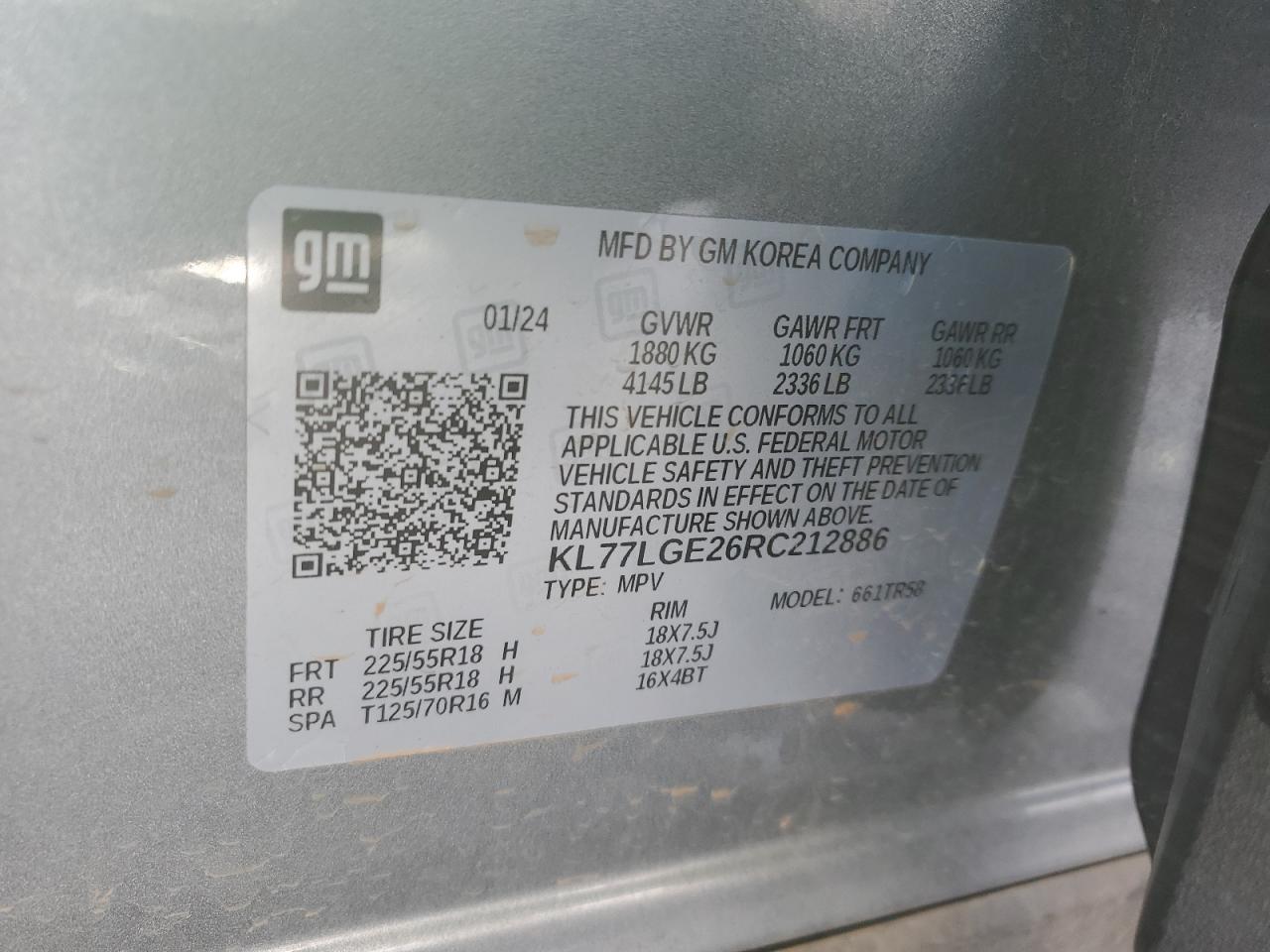 2024 CHEVROLET TRAX 1RS VIN:KL77LGE26RC212886