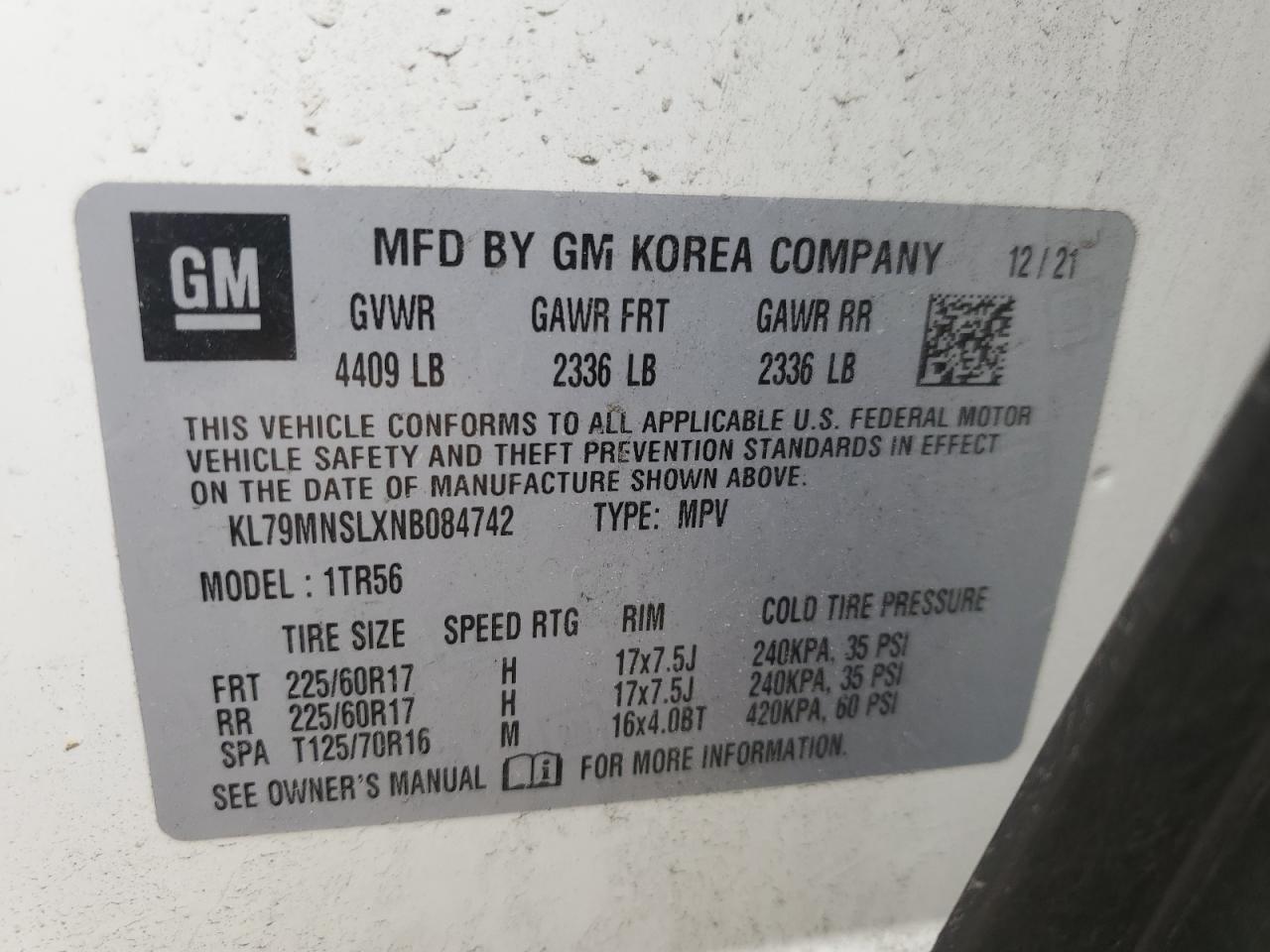 2022 CHEVROLET TRAILBLAZER LS VIN:KL79MNSLXNB084742