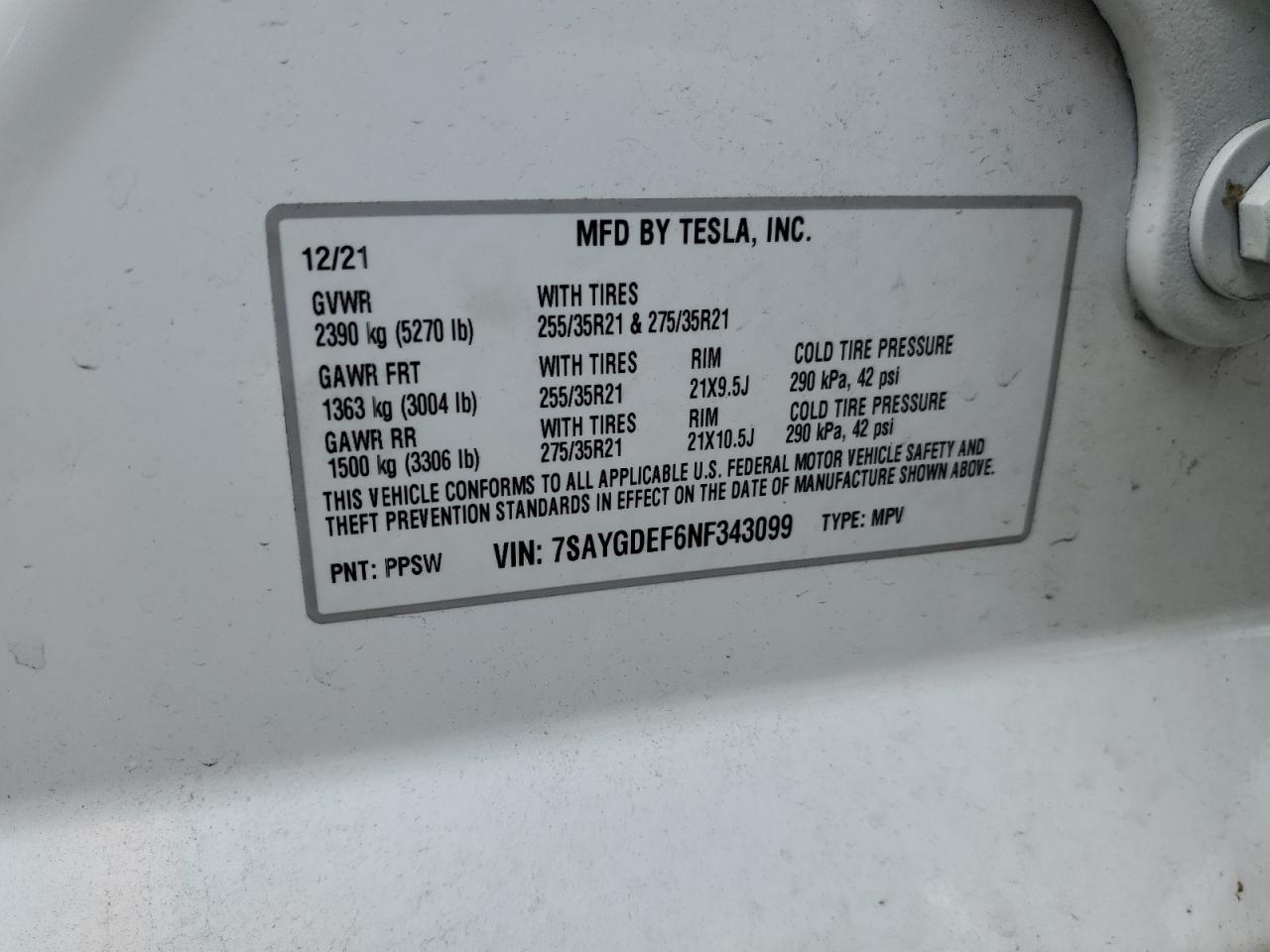 2022 TESLA MODEL Y VIN:7SAYGDEF6NF343099