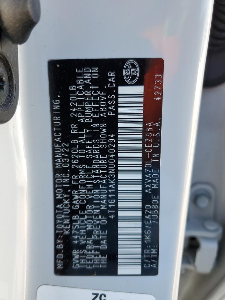 2022 TOYOTA CAMRY SE VIN:4T1G11AK3NU040294