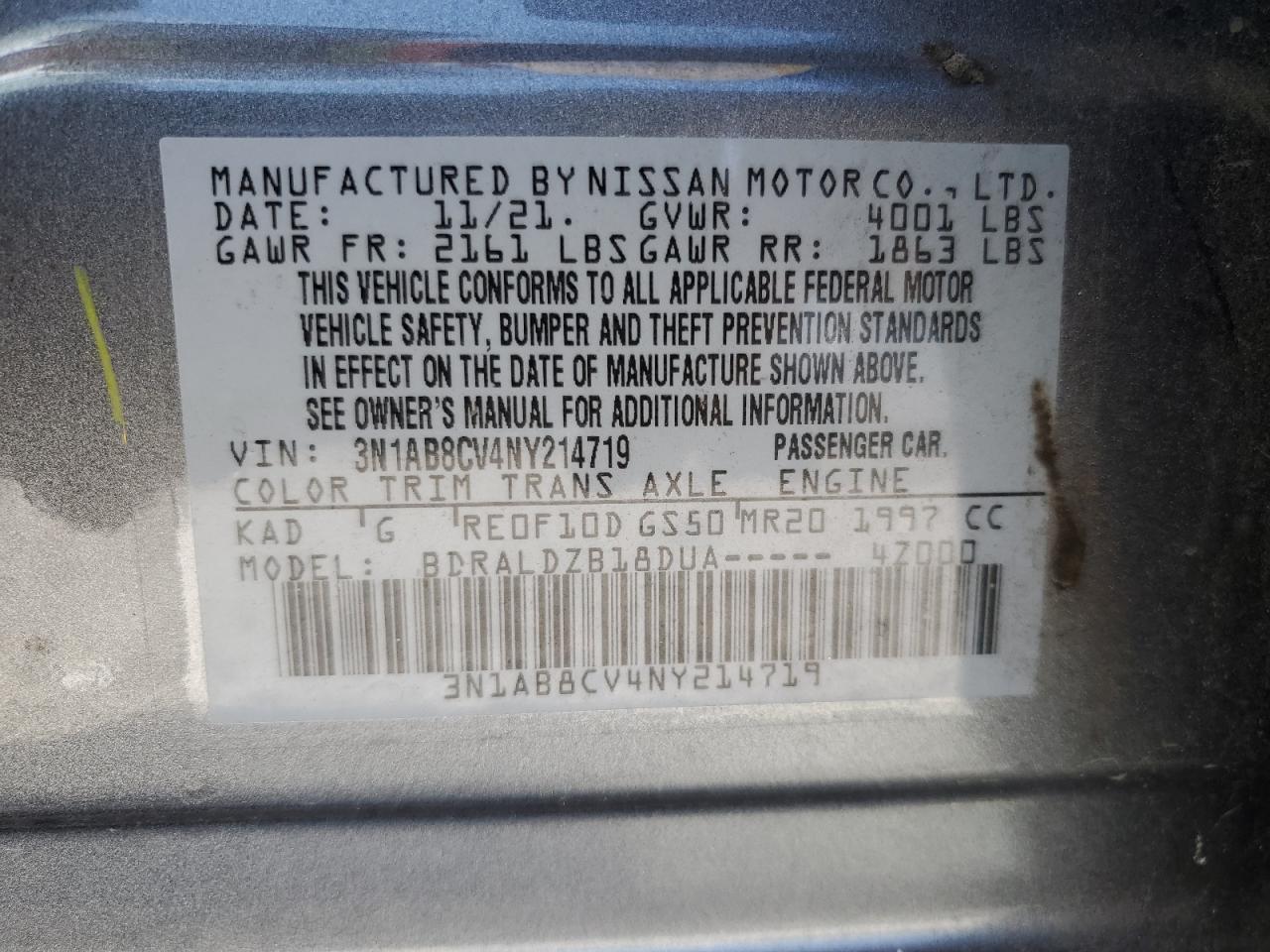 2022 NISSAN SENTRA SV VIN:3N1AB8CV4NY214719