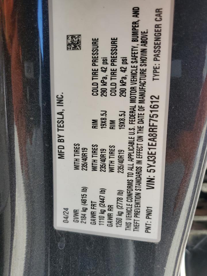2024 TESLA MODEL 3 VIN:5YJ3E1EA8RF751612