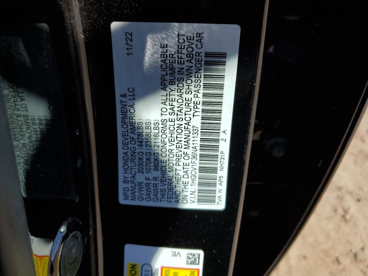 2022 HONDA ACCORD SPORT VIN:1HGCV1F36NA111337